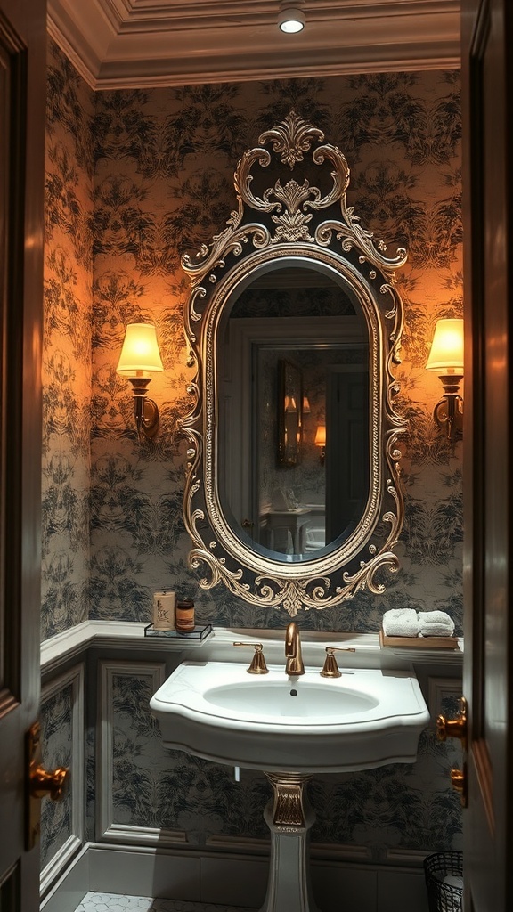 Luxurious powder room with ornate mirror and warm lighting