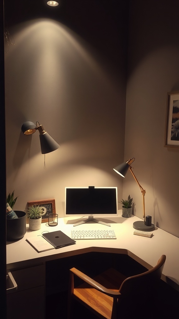 A minimalistic workspace with a desk, computer, and thoughtful lighting solutions.