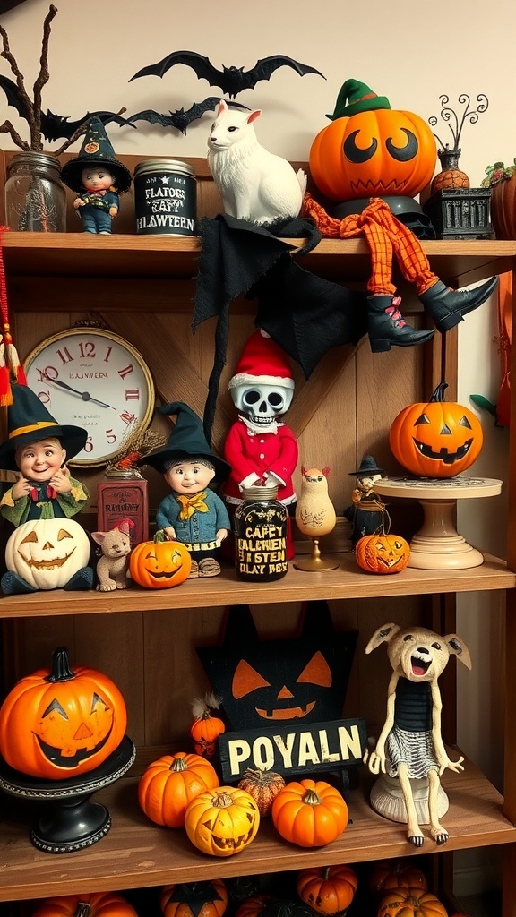 A collection of thrifted Halloween decorations including pumpkins, dolls, and spooky figurines.