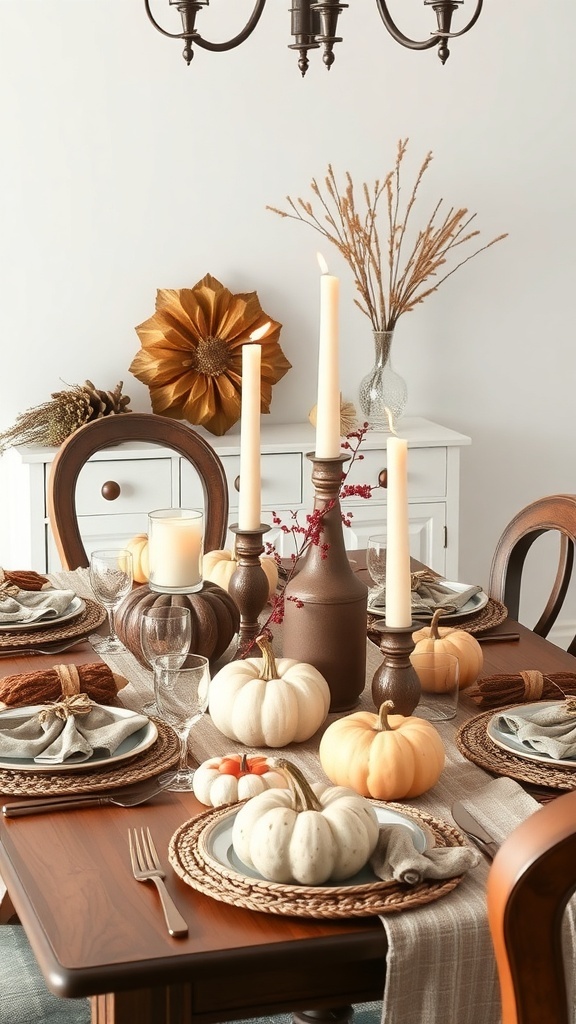 A beautifully set dining table with thrifted centerpieces, pumpkins, and candles for a fall gathering.