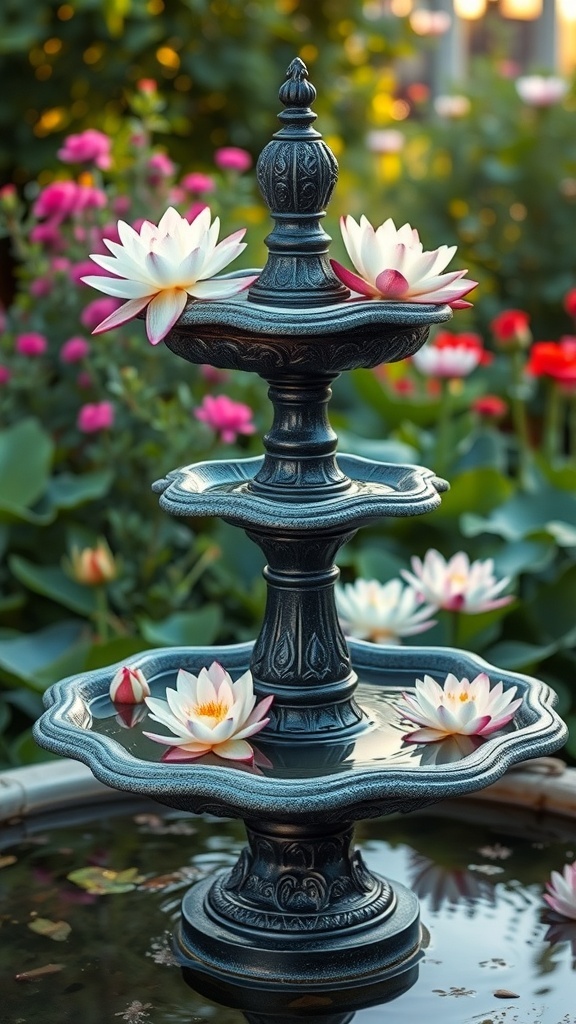 A tiered fountain bird bath adorned with water lilies, surrounded by colorful flowers.