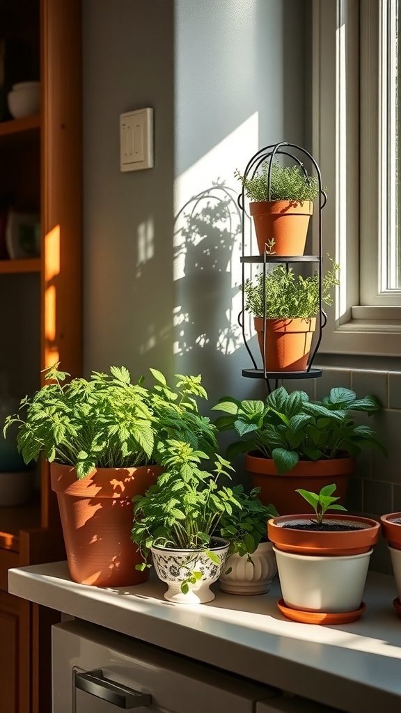 A tiered herb garden display with various herbs in pots on a kitchen counter.