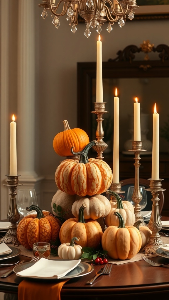 A tiered arrangement of pumpkins and candles on a dining table, featuring various pumpkin colors and elegant candle holders.
