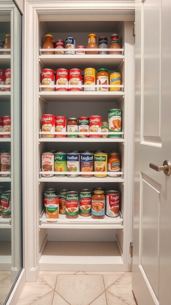 A pantry with tiered shelf risers displaying various canned goods in an organized manner.