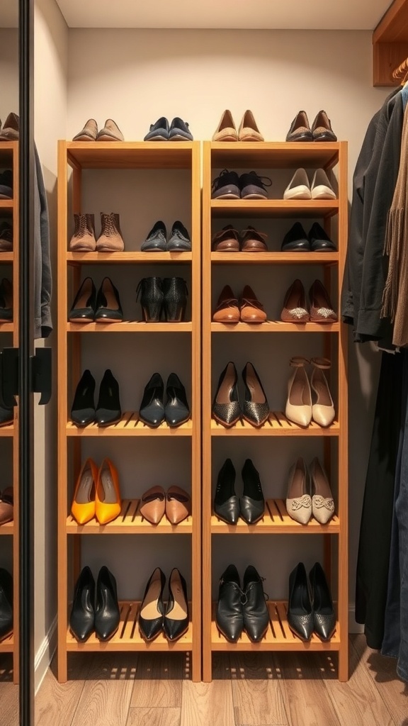 A wooden tiered shoe rack displaying various pairs of shoes in a well-organized closet.