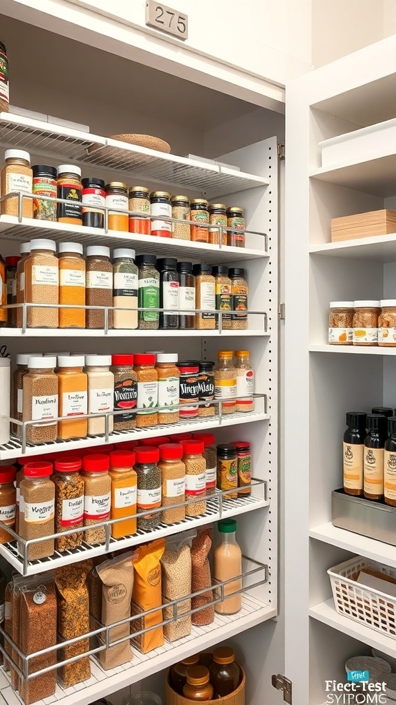 A well-organized pantry featuring tiered spice racks with labeled jars.
