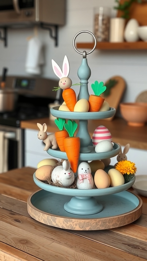 A tiered tray decorated with wooden carrots, bunnies, and pastel eggs for Easter.