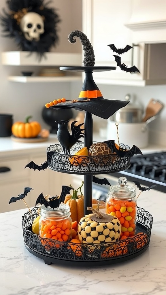 A tiered tray decorated for Halloween with a witch's hat, candy corn, mini pumpkins, and black cat figurines.