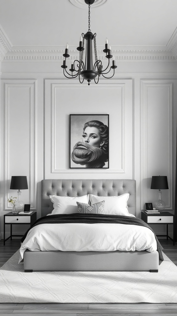 Stylish black and white bedroom with a gray bed, black chandelier, and artwork on the wall.