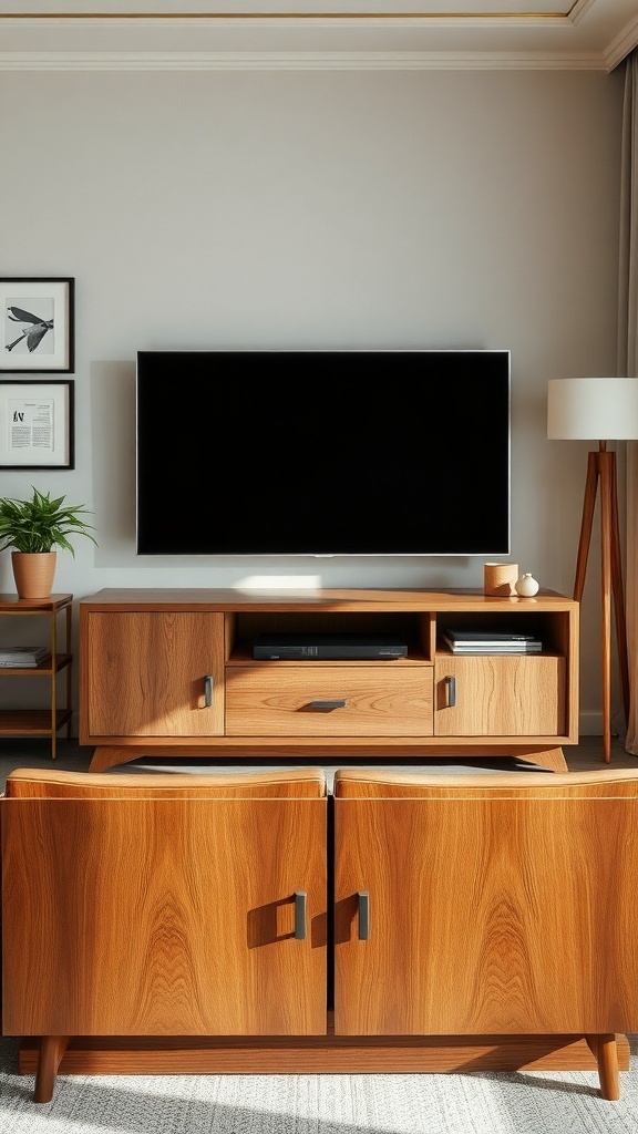 A modern walnut TV stand with storage, featuring a sleek design and warm wood tones.