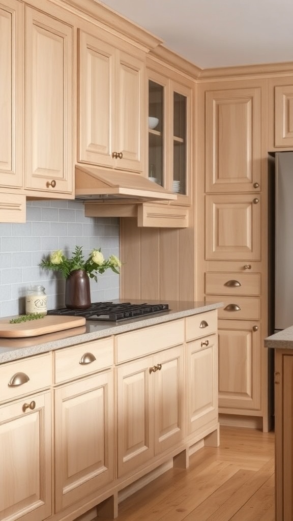 A kitchen featuring white oak shaker cabinets with brass hardware, light countertops, and an open shelving unit.