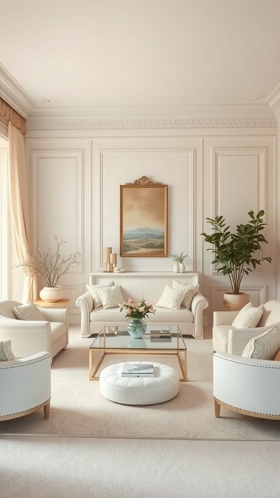 A cozy living room featuring beige sofas, soft white accents, and potted plants, creating a serene atmosphere.