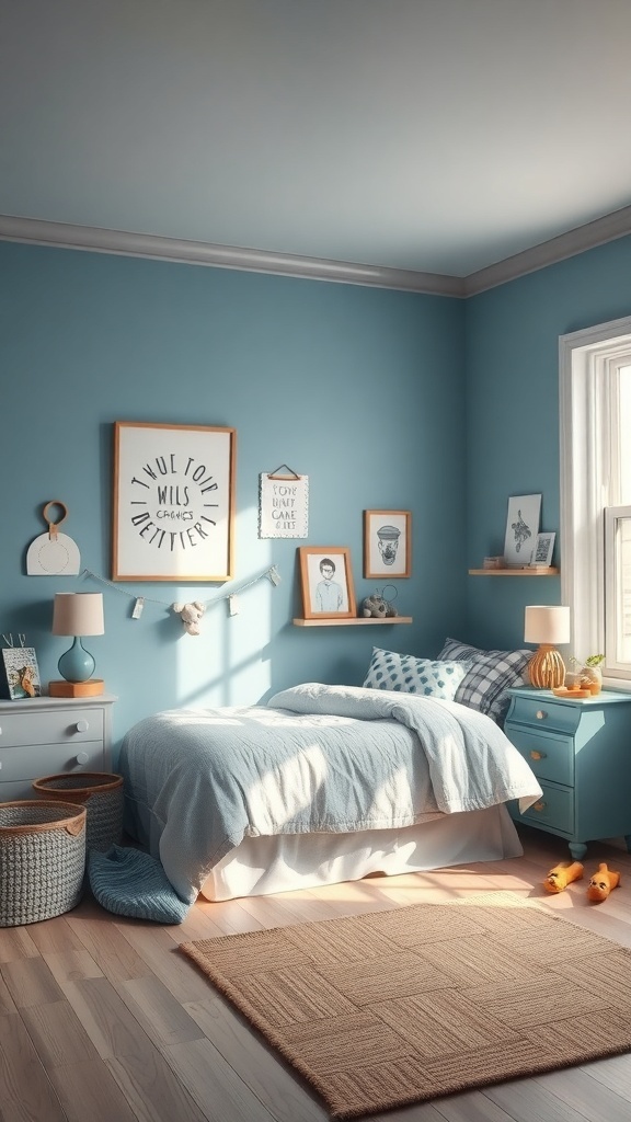 A cozy boys' room painted in a soft blue hue with a bed, shelves, and decorative elements.