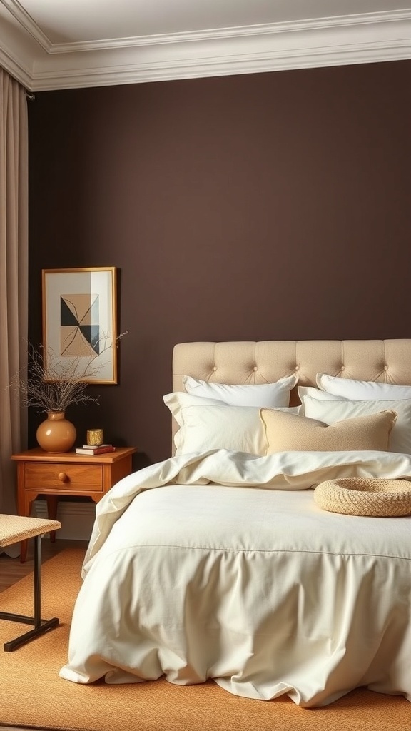 A cozy bedroom featuring chocolate brown walls and cream bedding, with a tufted headboard and warm lighting.