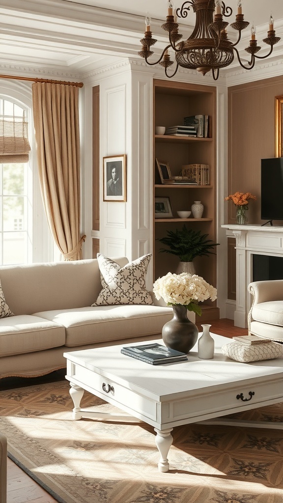 A cozy living room featuring a white coffee table, beige sofa, and warm decor.