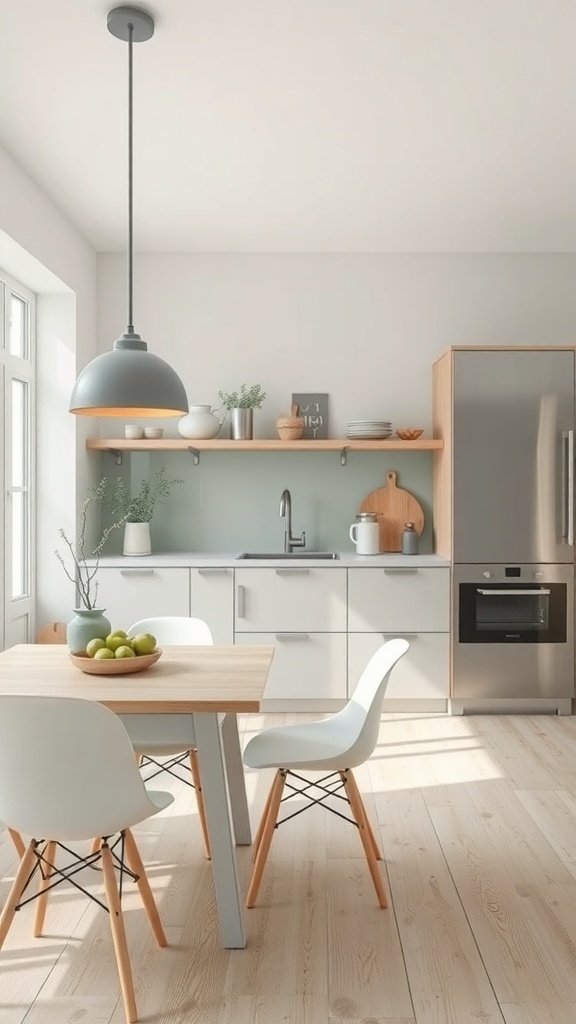 A modern kitchen-dining area featuring a light wood table, white chairs, and a sage green accent wall.