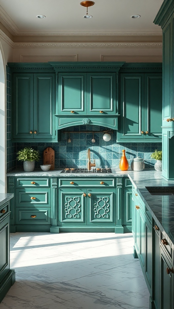 A beautifully designed kitchen featuring green marble countertops and teal cabinets, showcasing a blend of elegance and modern style.