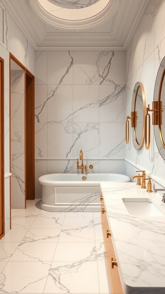 A luxurious bathroom featuring marble walls and floor, a freestanding bathtub, and gold fixtures.