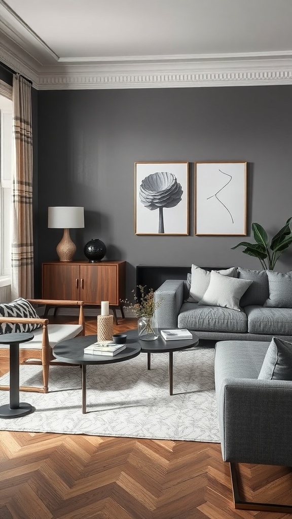 A cozy living room featuring grey furniture, wooden flooring, and stylish decor.