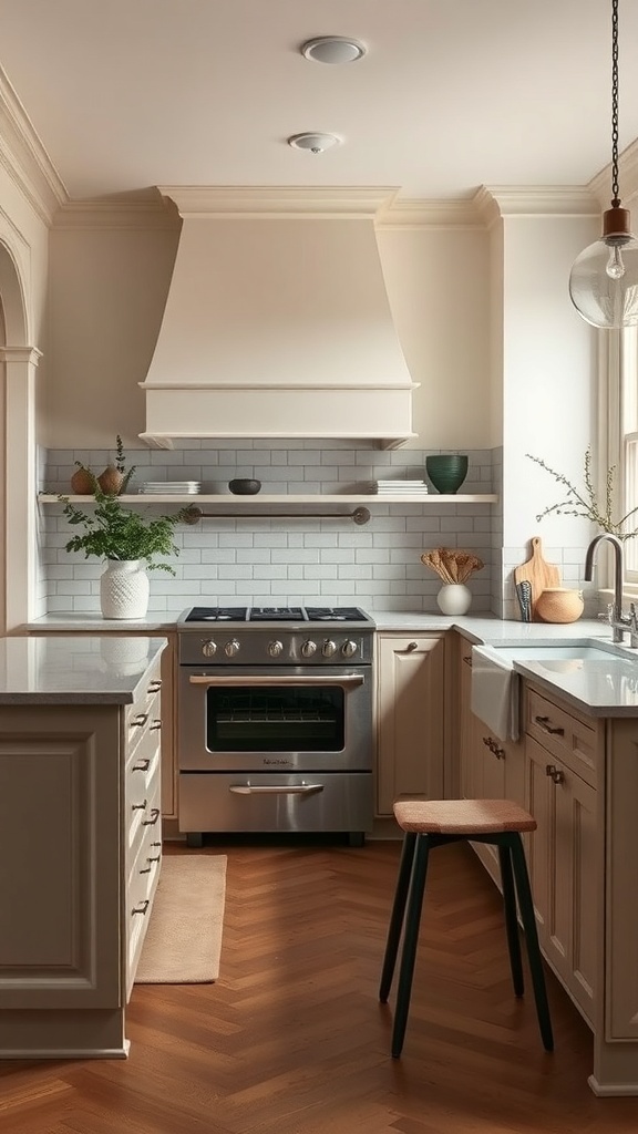 A cozy cashmere kitchen featuring beige-gray cabinetry, modern appliances, and warm wood accents.
