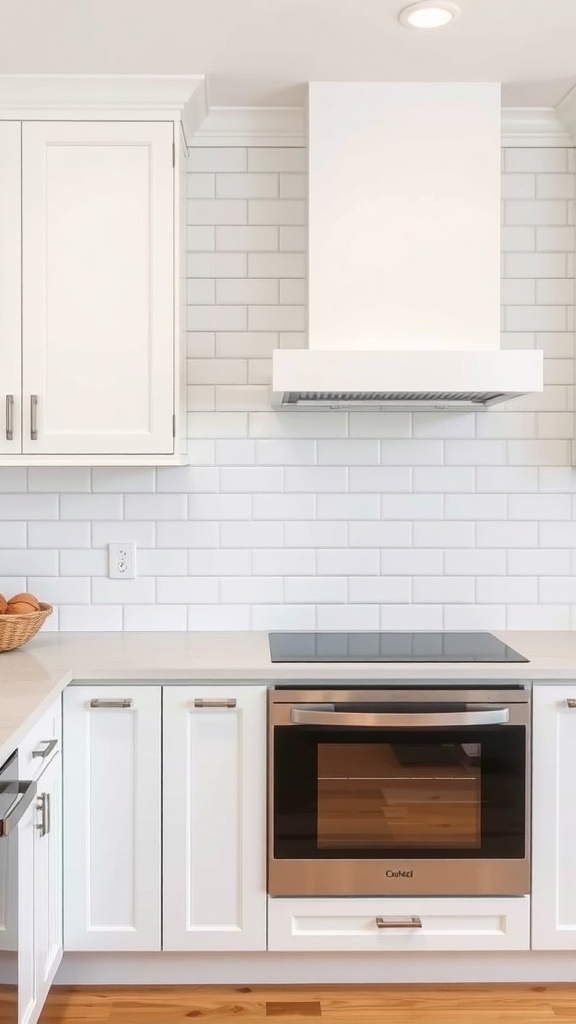 A modern kitchen with white subway tile backsplash, white cabinets, and stainless steel appliances.