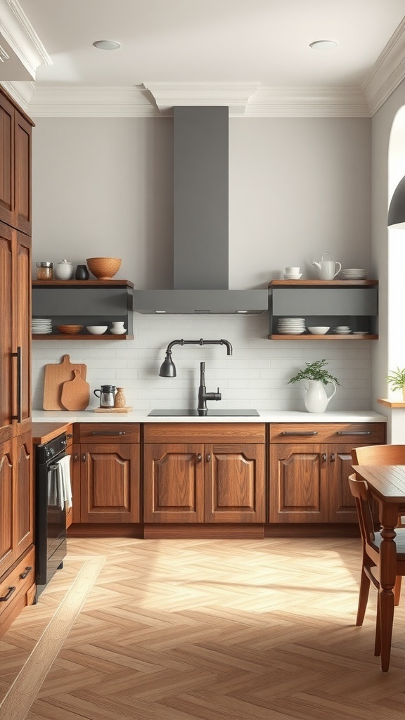 A modern kitchen featuring rich wooden cabinets, open shelving, and a herringbone floor pattern.