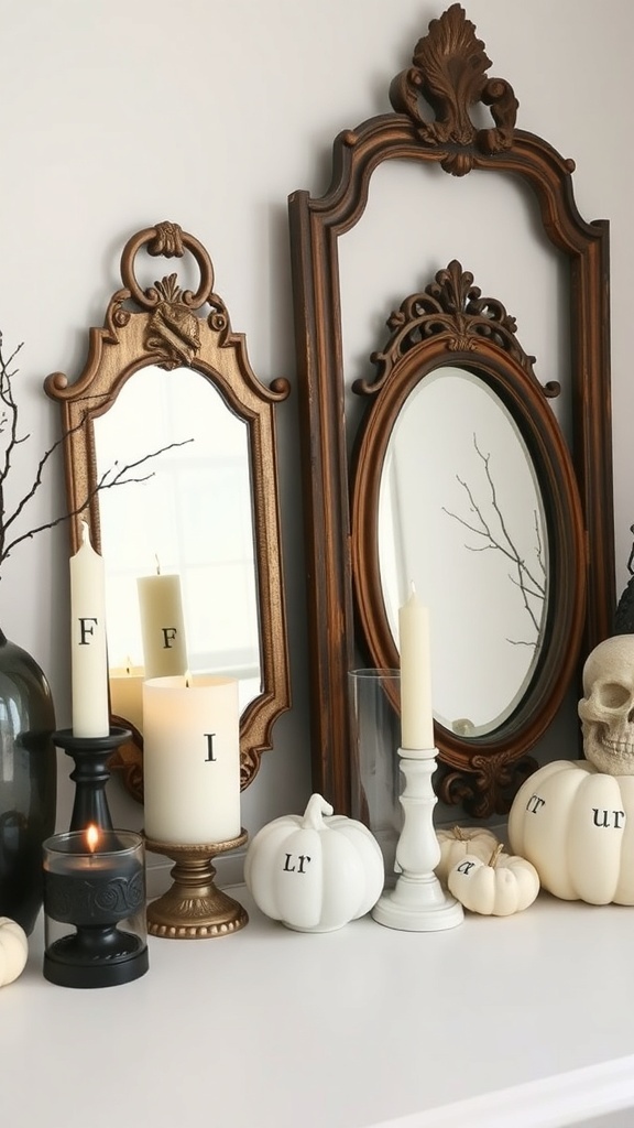 Elegant indoor Halloween decor featuring vintage mirrors, candles, and white pumpkins.
