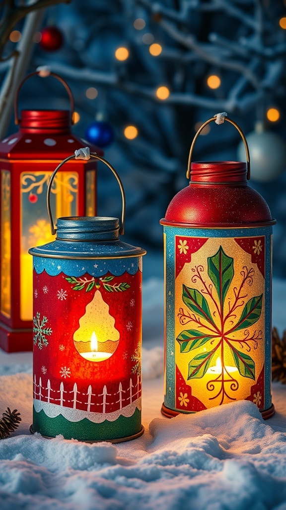 Colorful tin can lanterns with festive designs glowing in the snow