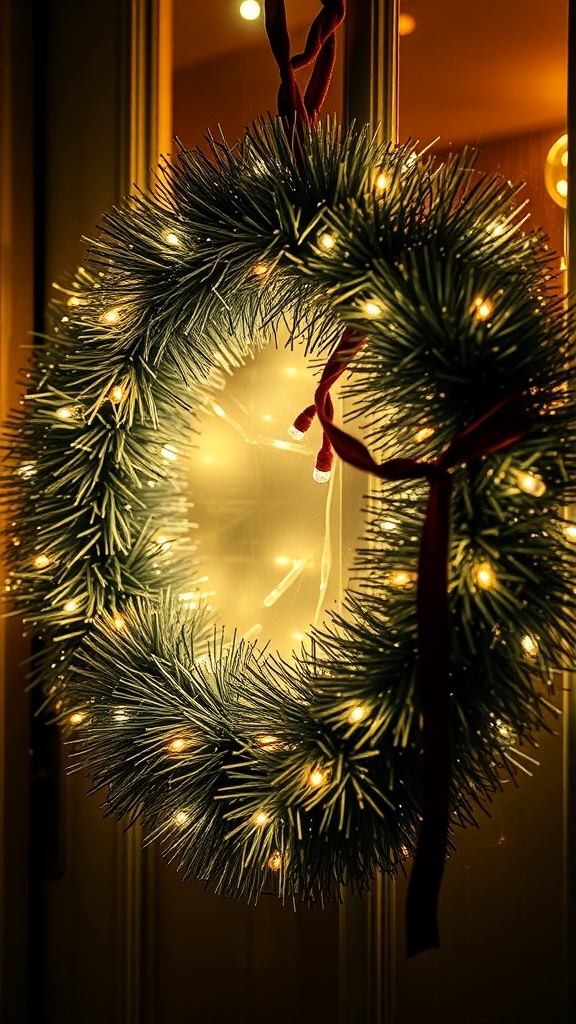 A beautiful wreath made of tinsel and twinkle lights, hanging on a door.