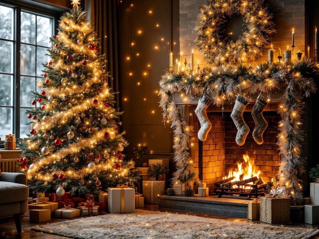 A beautifully decorated Christmas tree with tinsel and lights, alongside a cozy fireplace adorned with garland and stockings.