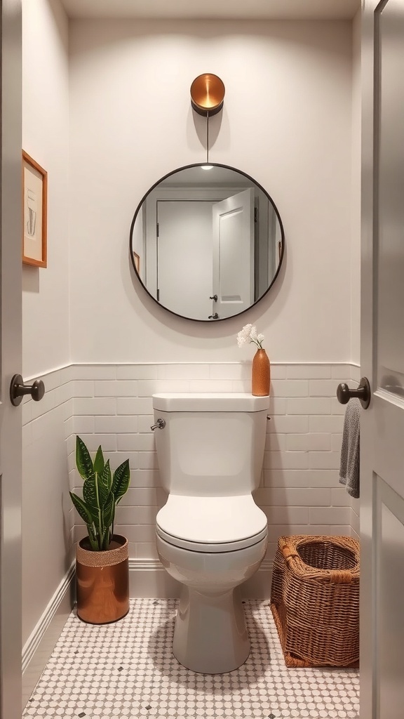 A small, stylish powder room featuring a round mirror, wall sconce, and decorative elements.