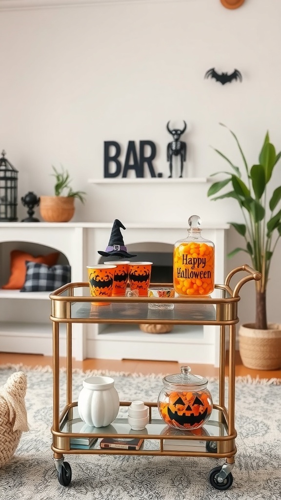 A decorated Halloween bar cart with themed cups, candy jars, and a witch hat.
