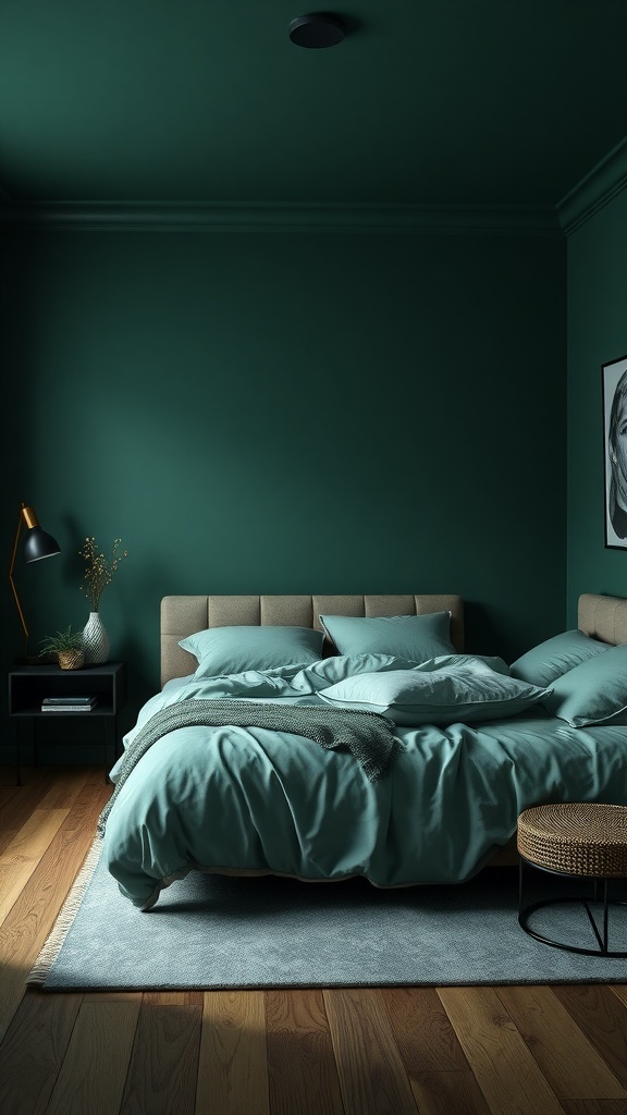 A moody green bedroom featuring a dark green wall, cozy bedding, and warm wood accents.