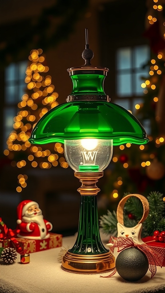 Tobias Green Glass Lamp with warm light, surrounded by Christmas decorations