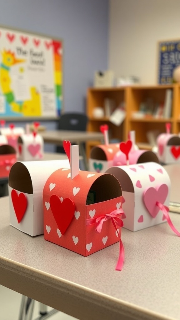 Colorful toilet paper roll mailboxes decorated for Valentine's Day, placed on a classroom table.