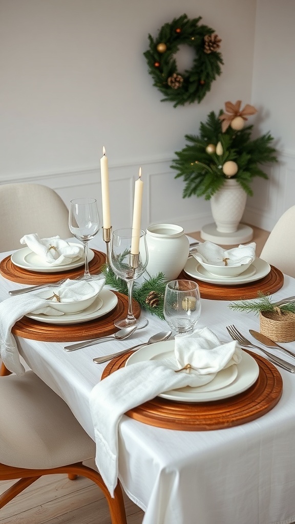 A beautifully set dining table with wooden chargers, white plates, linen napkins, and greenery accents, featuring taper candles and a wreath in the background.
