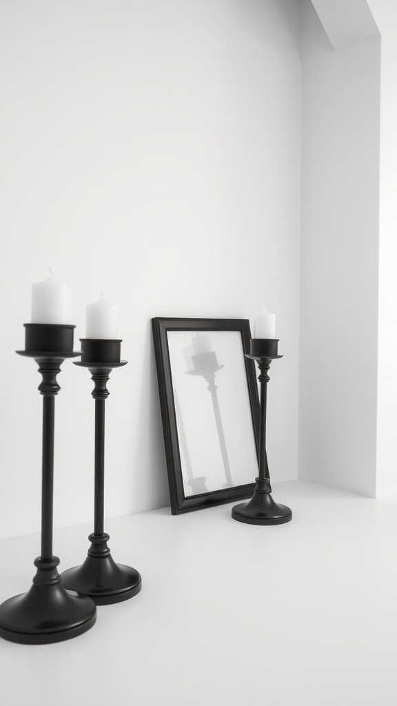 Black candlesticks and a black frame against a white wall, showcasing minimalist Scandinavian decor.