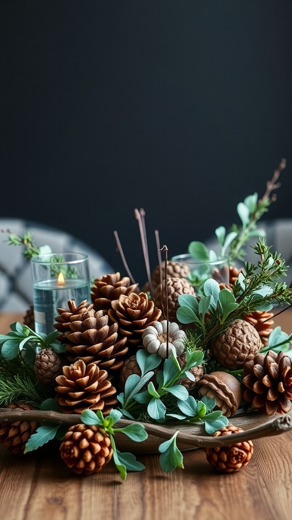 A festive centerpiece featuring pinecones, greenery, and candles, creating a cozy holiday atmosphere.