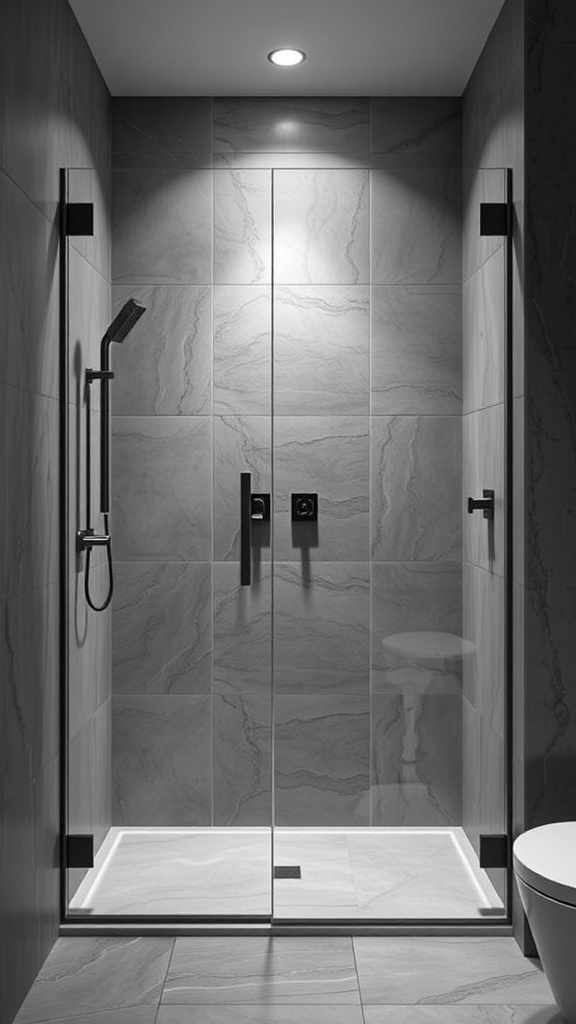 A modern shower with trackless sliding doors, featuring clean lines and minimalistic design.