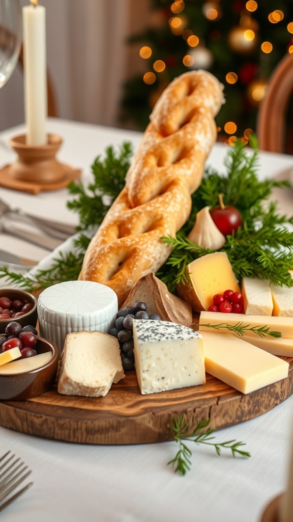 A festive table centerpiece featuring a traditional French baguette, various cheeses, and seasonal fruits.