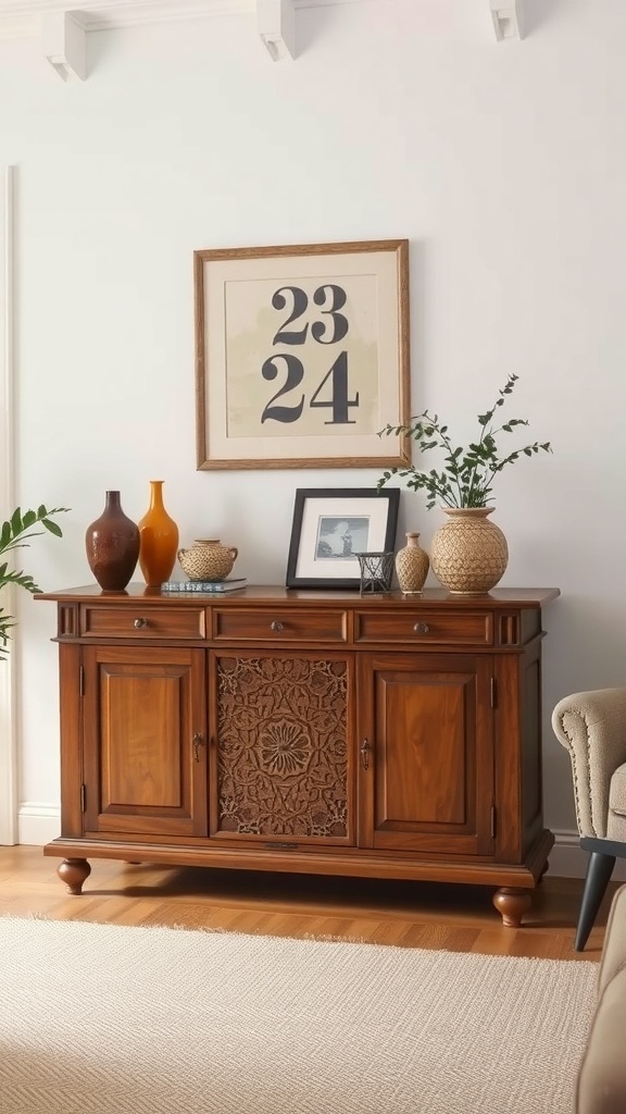 A wooden sideboard with carved details, decorated with vases and framed artwork.