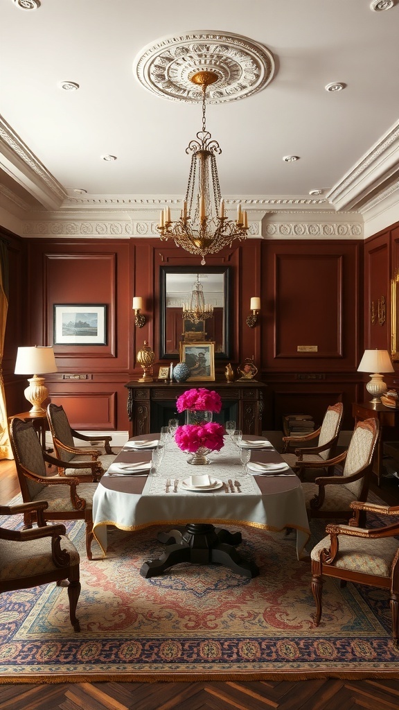 A traditional dining room featuring warm wood tones, an ornate chandelier, and a beautifully set table with floral centerpiece.
