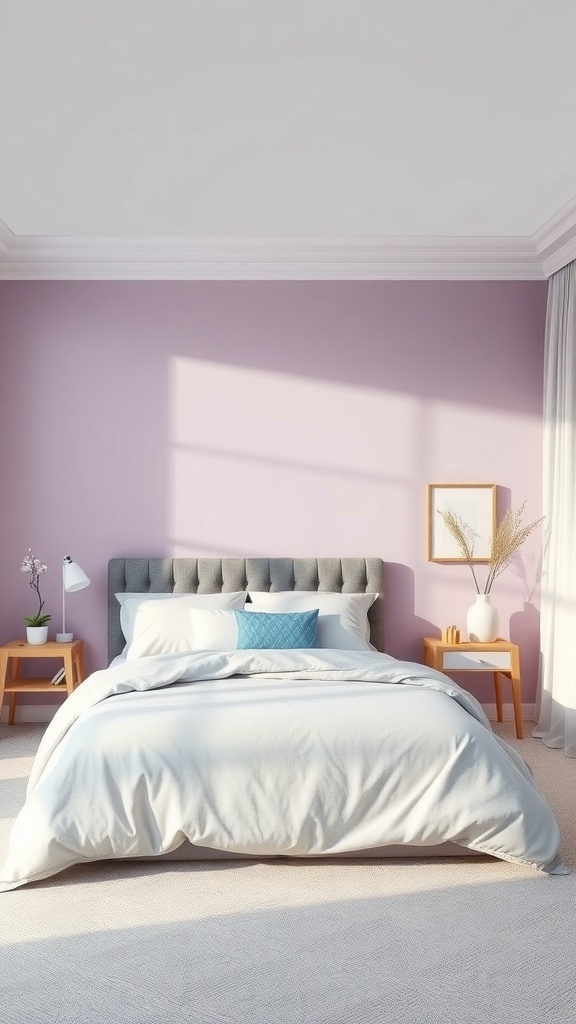 A serene bedroom featuring mauve walls and soft blue accents, with a gray tufted headboard and white bedding.
