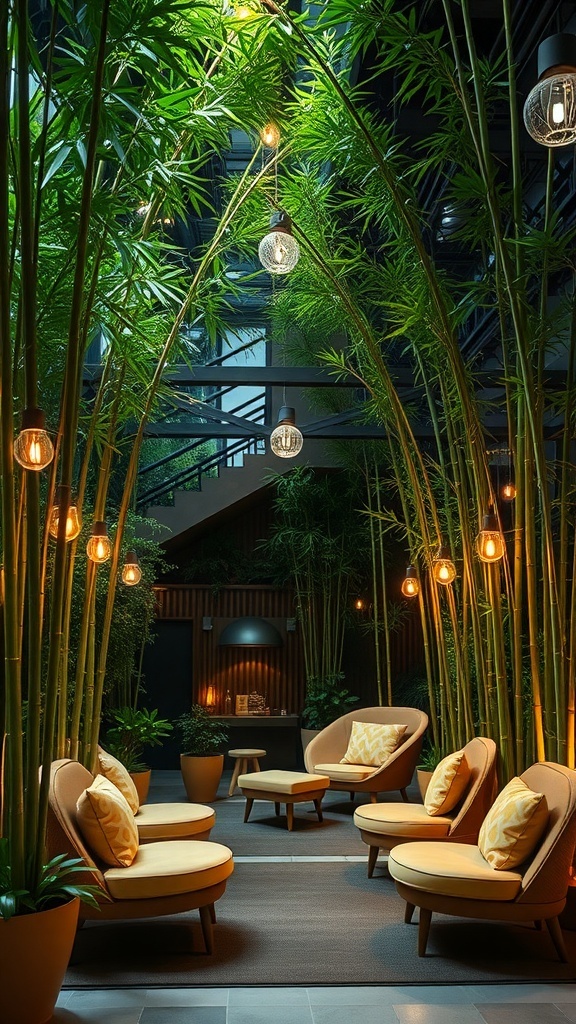 A serene urban bamboo retreat with cozy seating and warm lighting.