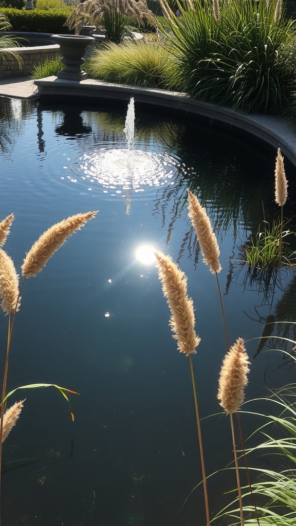 A tranquil water feature with a fountain surrounded by tall grasses, reflecting sunlight.