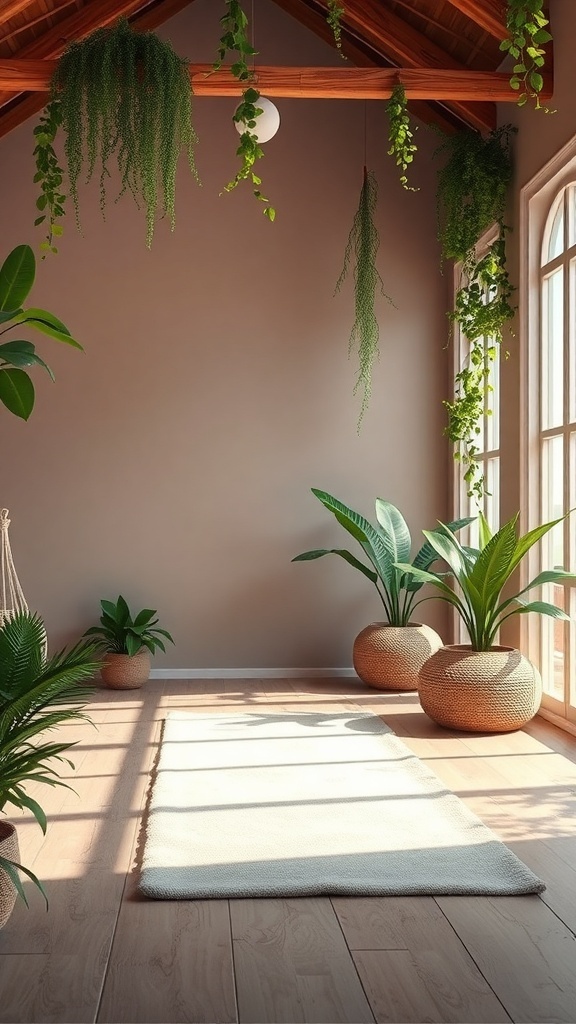 A serene yoga and meditation space with natural light, plants, and a cozy rug.