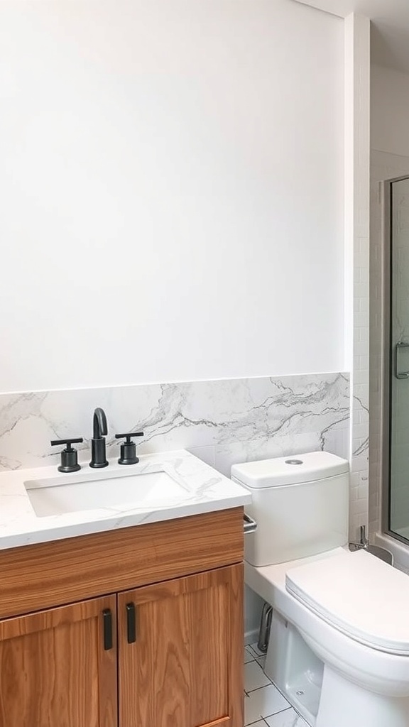 A modern bathroom with a clean countertop and stylish fixtures, showcasing a potential transformation with removable contact paper.