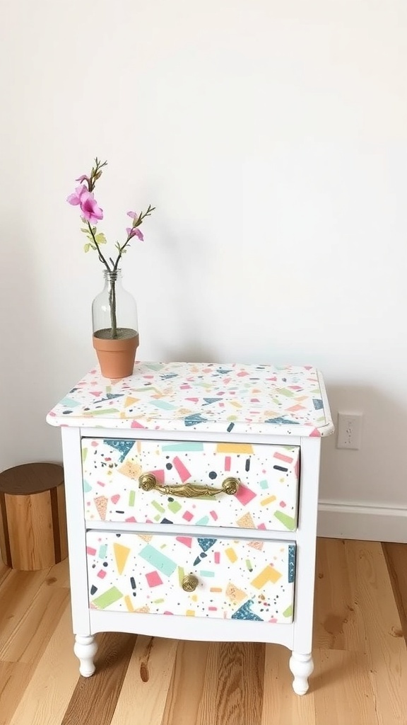 A colorful terrazzo vinyl wrapped side table with two drawers and a vase with flowers on top.