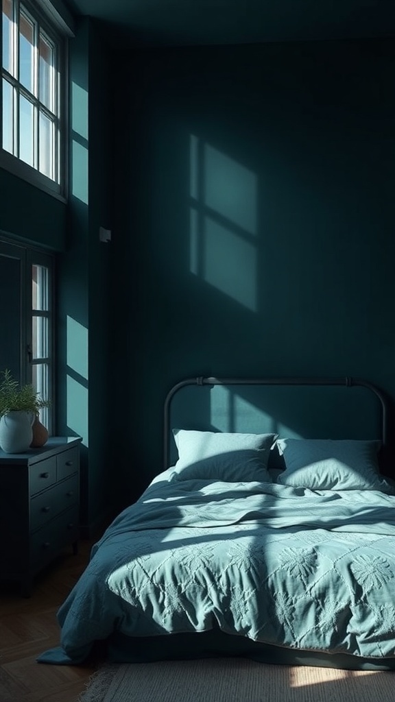 A cozy bedroom with dark teal walls, a bed with light blue bedding, and natural light coming through the windows.