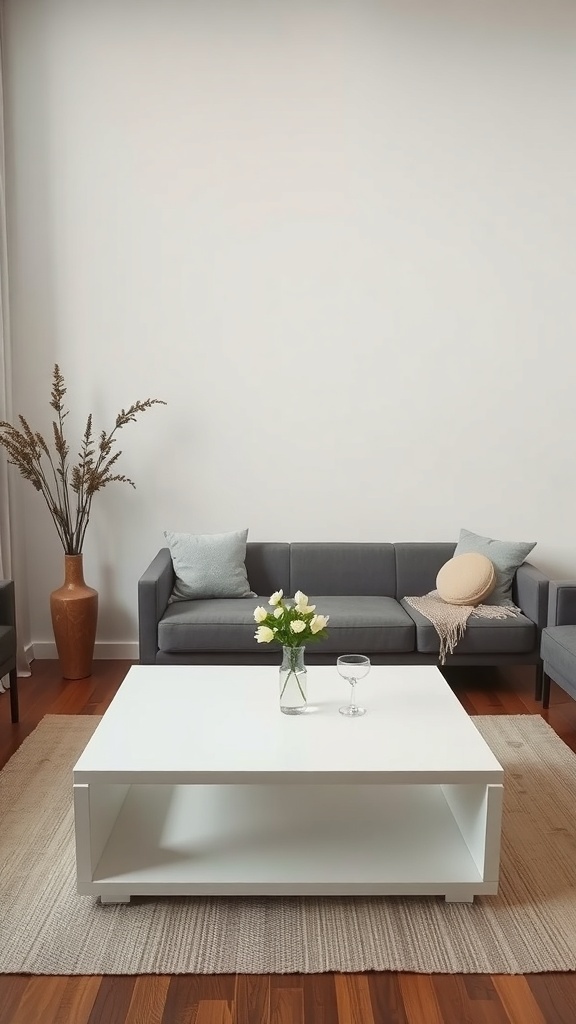 A modern white coffee table in a cozy living room setting with gray sofas and a vase of flowers.